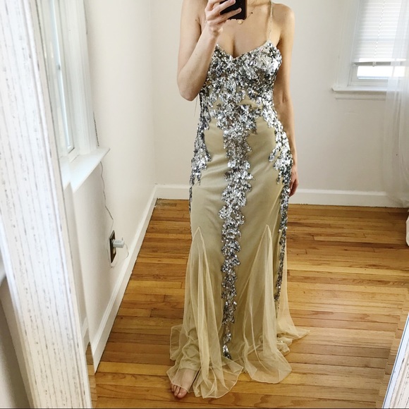 Faviana Dresses & Skirts - Faviana Long Dress Nude Tulle Sequin Beaded Dress